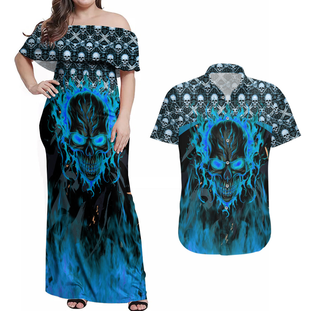 Fire Skull Couples Matching Off Shoulder Maxi Dress and Hawaiian Shirt Of Course I'm Going To Hell I'm Just Here To Pick You Up - Wonder Print Shop