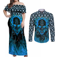 Fire Skull Couples Matching Off Shoulder Maxi Dress and Long Sleeve Button Shirts Of Course I'm Going To Hell I'm Just Here To Pick You Up - Wonder Print Shop