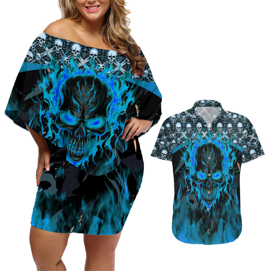 Fire Skull Couples Matching Off Shoulder Short Dress and Hawaiian Shirt Of Course I'm Going To Hell I'm Just Here To Pick You Up - Wonder Print Shop
