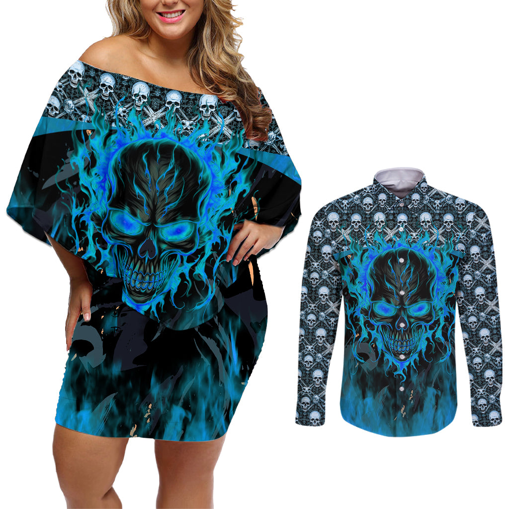 Fire Skull Couples Matching Off Shoulder Short Dress and Long Sleeve Button Shirts Of Course I'm Going To Hell I'm Just Here To Pick You Up - Wonder Print Shop