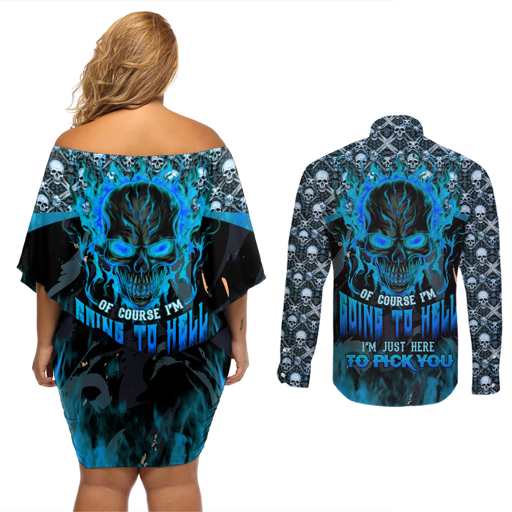 Fire Skull Couples Matching Off Shoulder Short Dress and Long Sleeve Button Shirts Of Course I'm Going To Hell I'm Just Here To Pick You Up - Wonder Print Shop