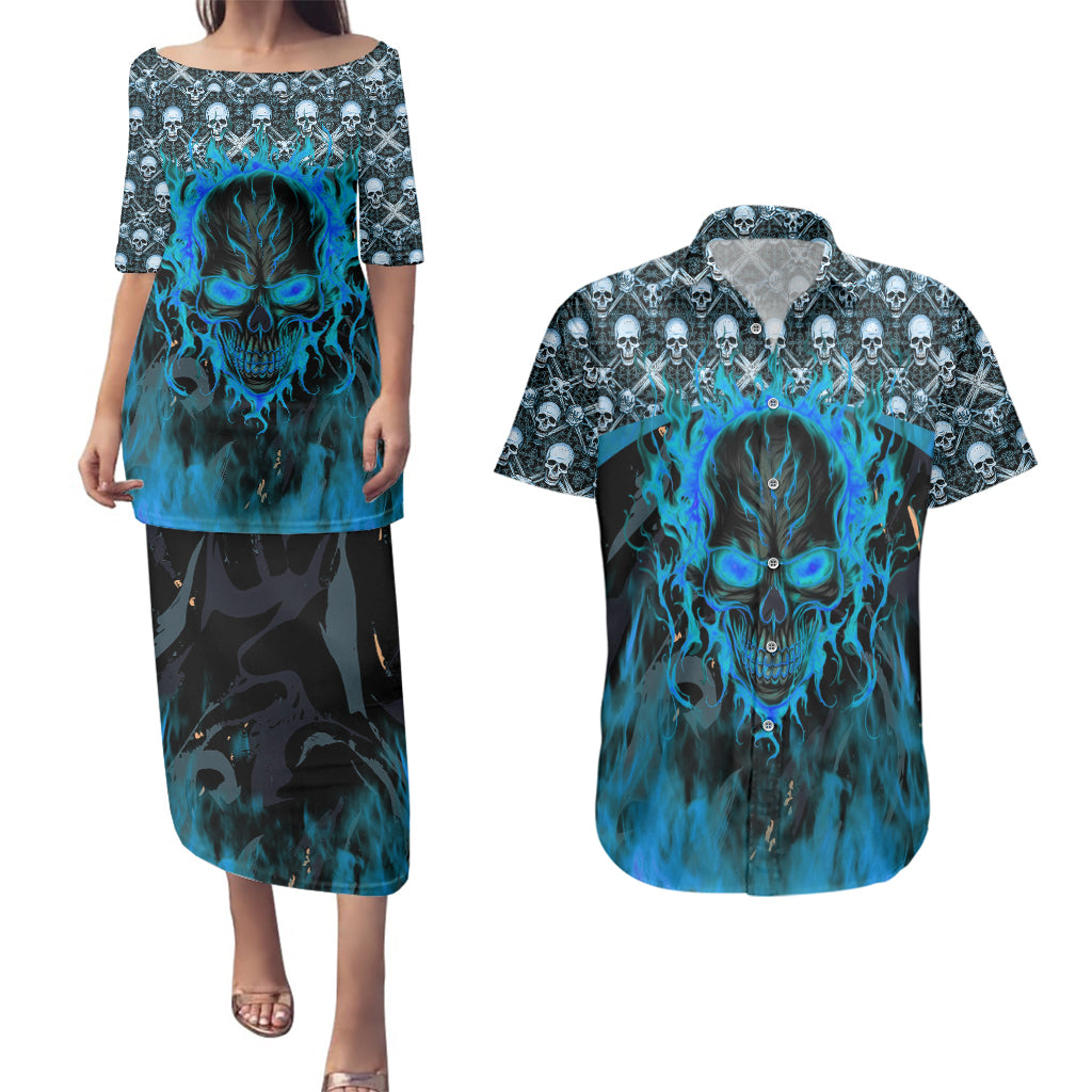 Fire Skull Couples Matching Puletasi Dress and Hawaiian Shirt Of Course I'm Going To Hell I'm Just Here To Pick You Up - Wonder Print Shop
