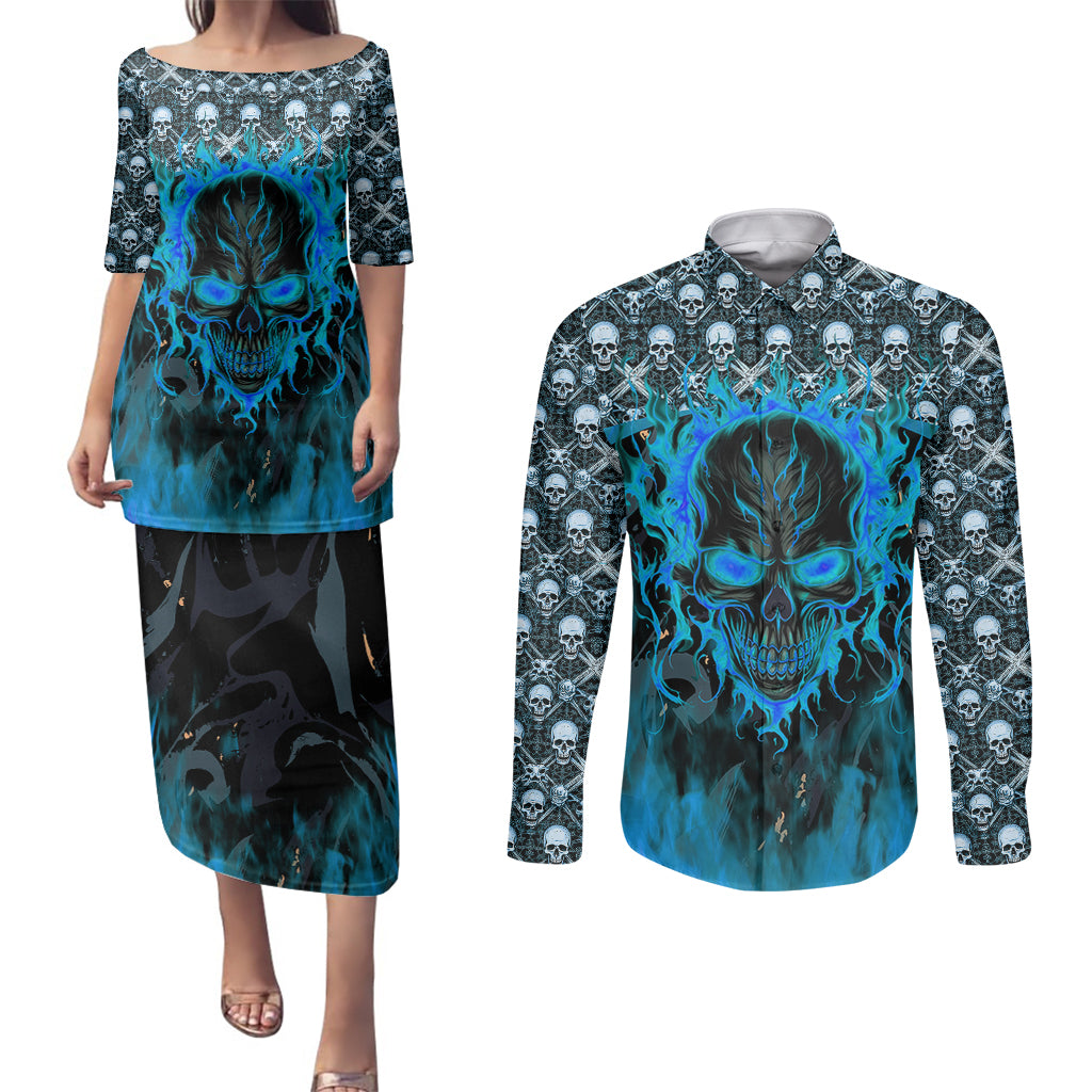 Fire Skull Couples Matching Puletasi Dress and Long Sleeve Button Shirts Of Course I'm Going To Hell I'm Just Here To Pick You Up - Wonder Print Shop