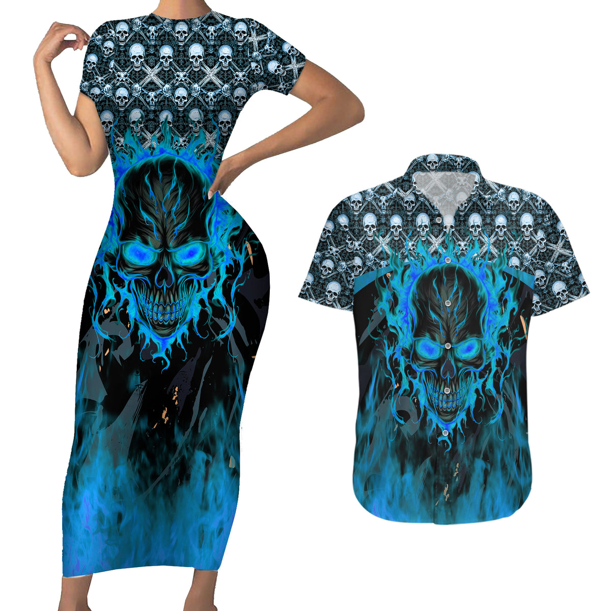 Fire Skull Couples Matching Short Sleeve Bodycon Dress and Hawaiian Shirt Of Course I'm Going To Hell I'm Just Here To Pick You Up - Wonder Print Shop
