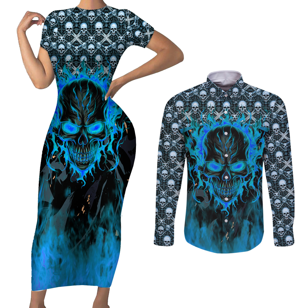 Fire Skull Couples Matching Short Sleeve Bodycon Dress and Long Sleeve Button Shirts Of Course I'm Going To Hell I'm Just Here To Pick You Up - Wonder Print Shop