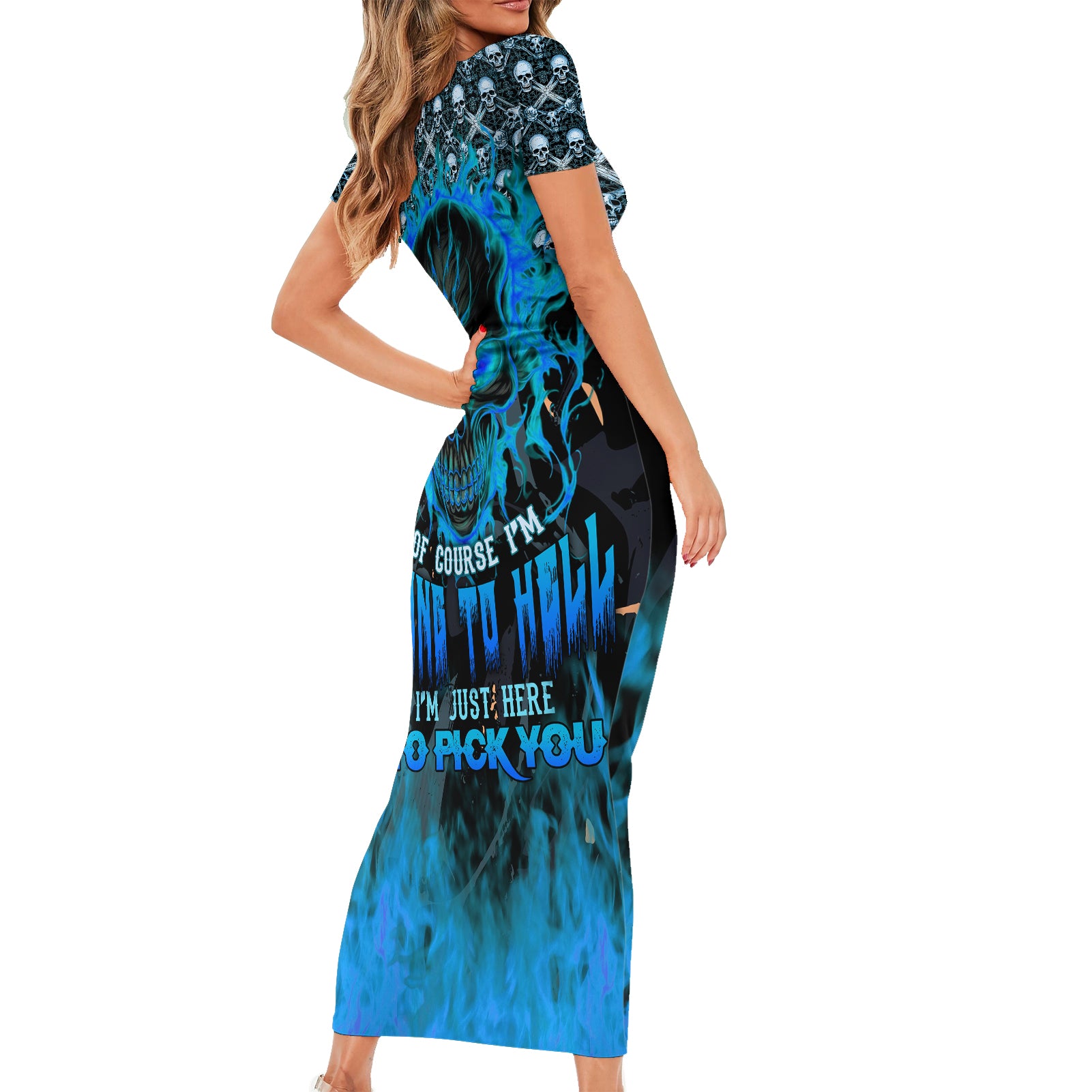 Fire Skull Short Sleeve Bodycon Dress Of Course I'm Going To Hell I'm Just Here To Pick You Up - Wonder Print Shop