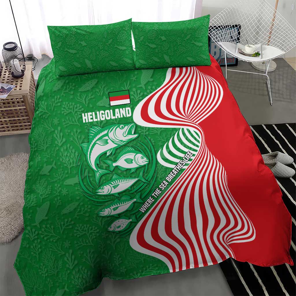 Germany Heligoland Bedding Set with Fish Illustration and Red Green Wave - Wonder Print Shop