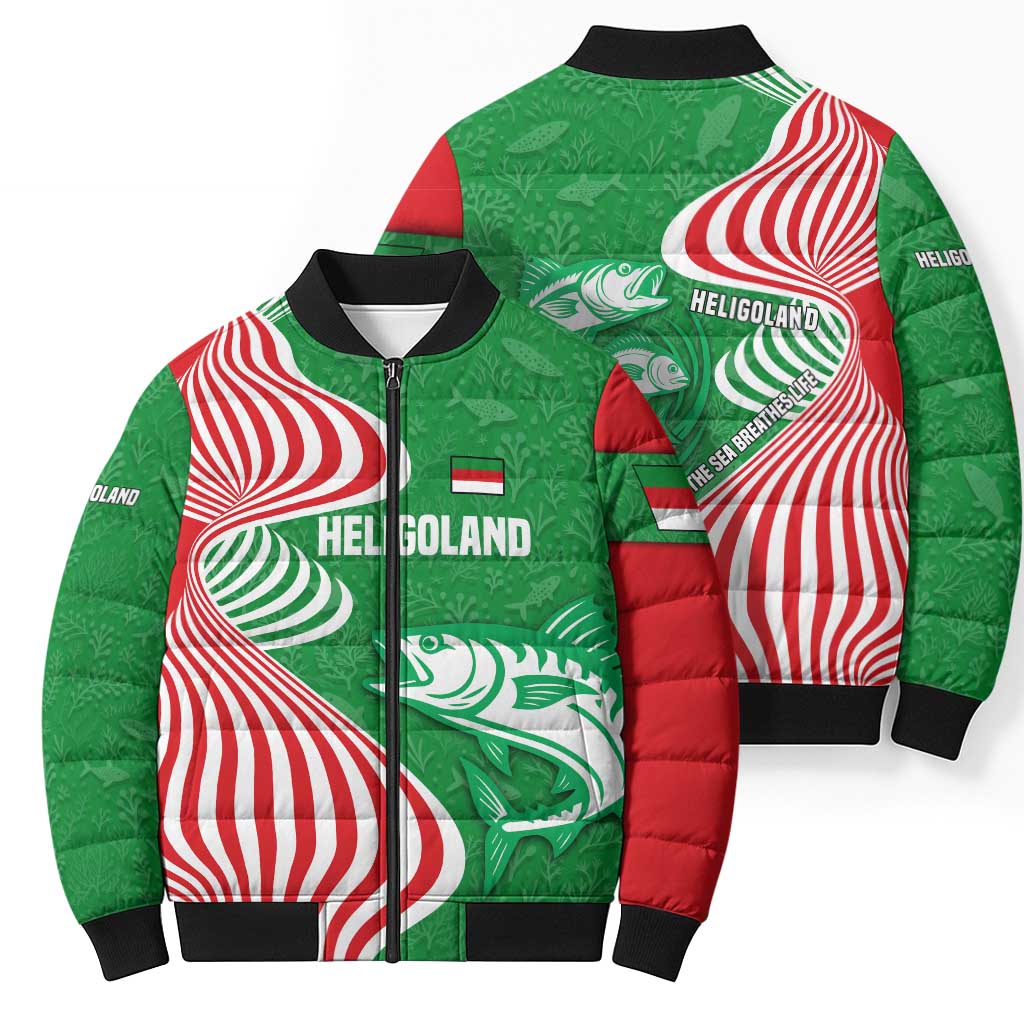 Germany Heligoland Bomber Puffer Jacket with Fish Illustration and Red Green Wave - Wonder Print Shop
