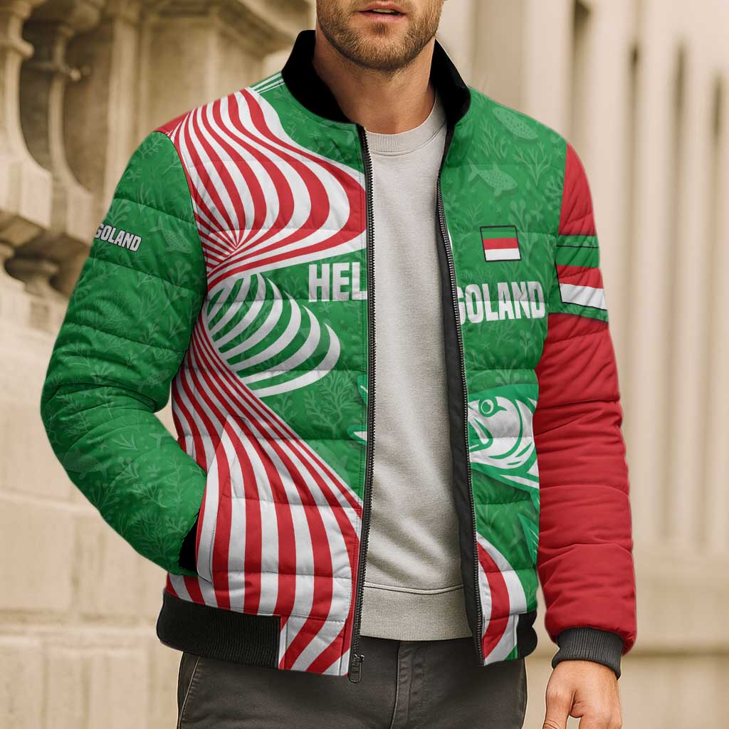 Germany Heligoland Bomber Puffer Jacket with Fish Illustration and Red Green Wave - Wonder Print Shop