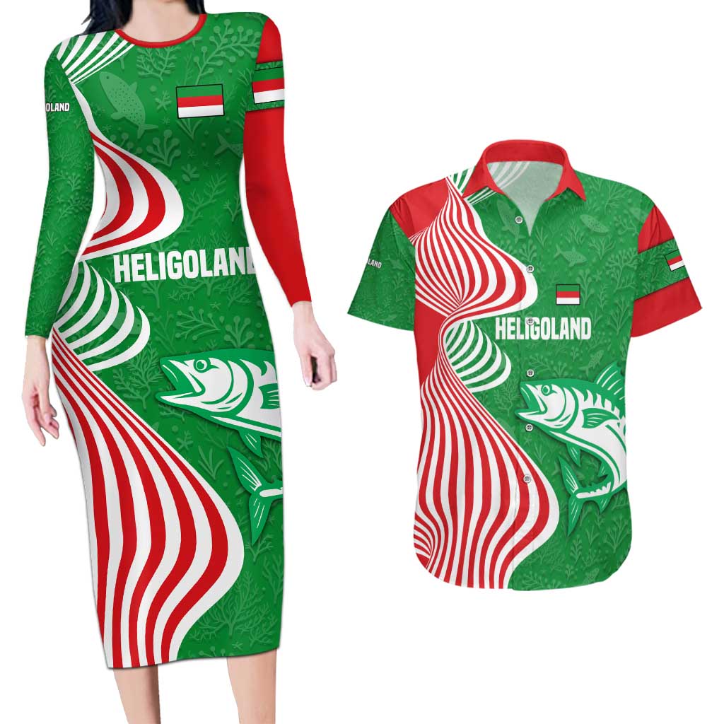 Germany Heligoland Couples Matching Long Sleeve Bodycon Dress and Hawaiian Shirt with Fish Illustration and Red Green Wave - Wonder Print Shop