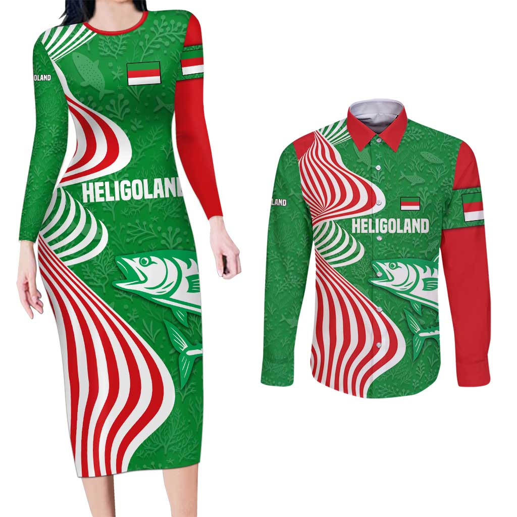 Germany Heligoland Couples Matching Long Sleeve Bodycon Dress and Long Sleeve Button Shirt with Fish Illustration and Red Green Wave - Wonder Print Shop