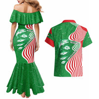 Germany Heligoland Couples Matching Mermaid Dress and Hawaiian Shirt with Fish Illustration and Red Green Wave - Wonder Print Shop