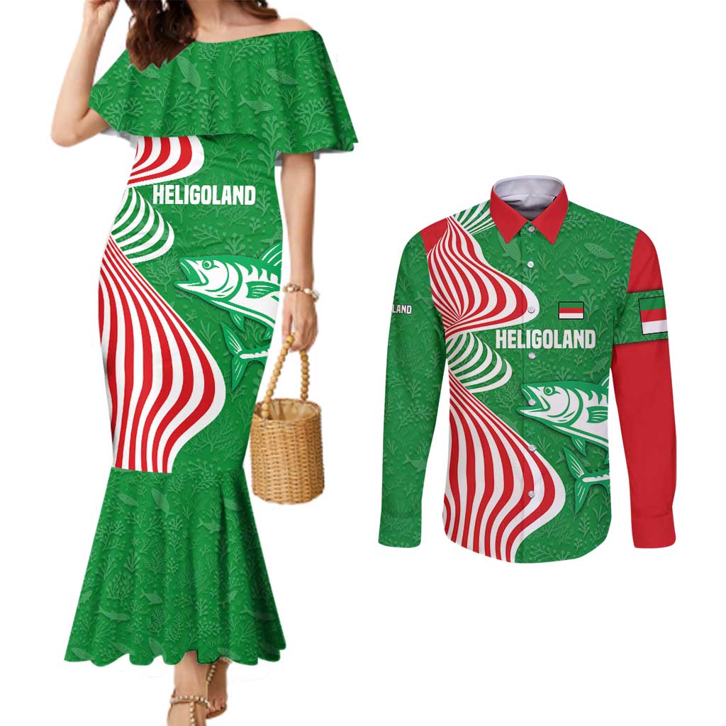 Germany Heligoland Couples Matching Mermaid Dress and Long Sleeve Button Shirt with Fish Illustration and Red Green Wave - Wonder Print Shop