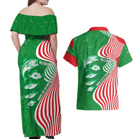 Germany Heligoland Couples Matching Off Shoulder Maxi Dress and Hawaiian Shirt with Fish Illustration and Red Green Wave - Wonder Print Shop