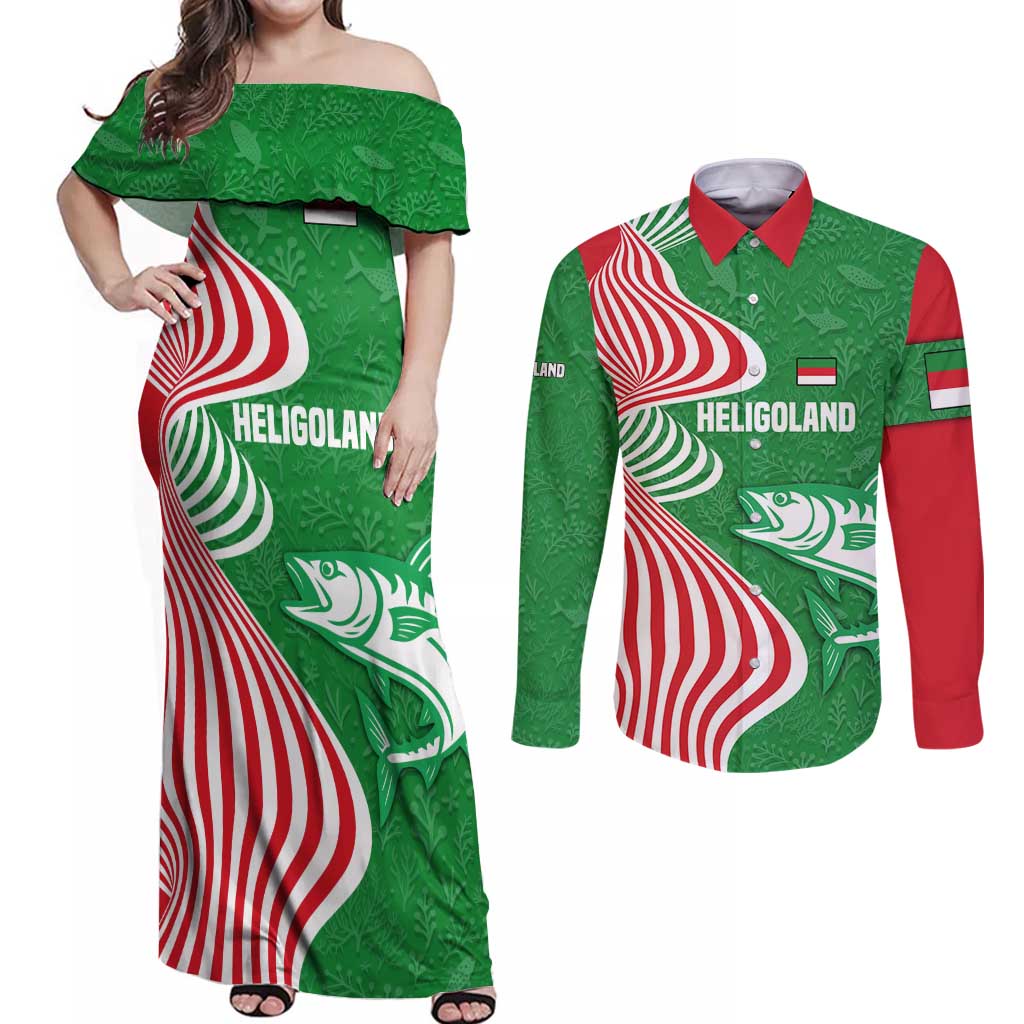 Germany Heligoland Couples Matching Off Shoulder Maxi Dress and Long Sleeve Button Shirt with Fish Illustration and Red Green Wave - Wonder Print Shop