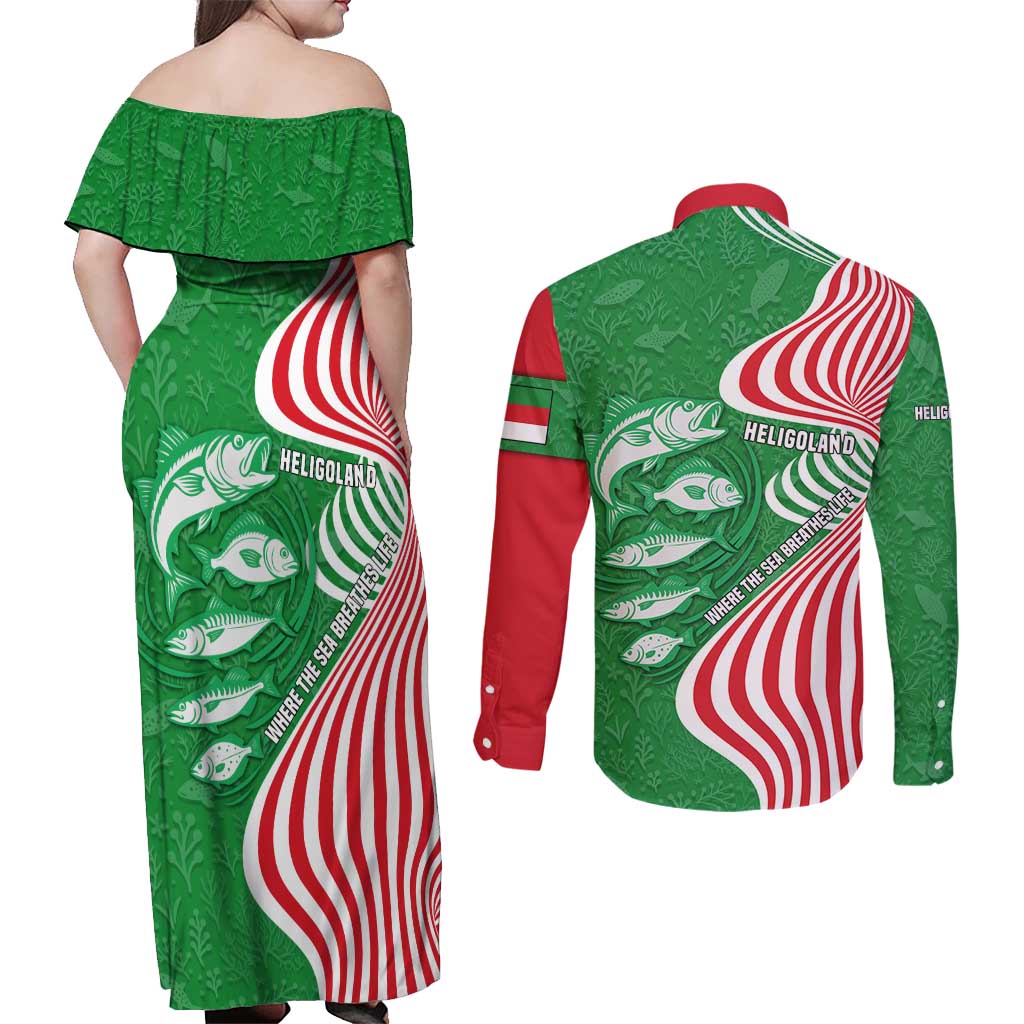 Germany Heligoland Couples Matching Off Shoulder Maxi Dress and Long Sleeve Button Shirt with Fish Illustration and Red Green Wave - Wonder Print Shop