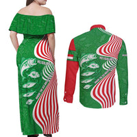 Germany Heligoland Couples Matching Off Shoulder Maxi Dress and Long Sleeve Button Shirt with Fish Illustration and Red Green Wave - Wonder Print Shop