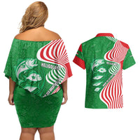 Germany Heligoland Couples Matching Off Shoulder Short Dress and Hawaiian Shirt with Fish Illustration and Red Green Wave - Wonder Print Shop