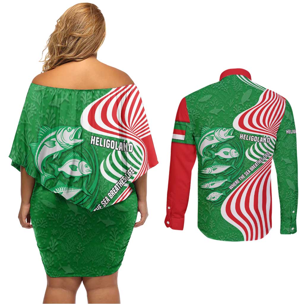 Germany Heligoland Couples Matching Off Shoulder Short Dress and Long Sleeve Button Shirt with Fish Illustration and Red Green Wave - Wonder Print Shop
