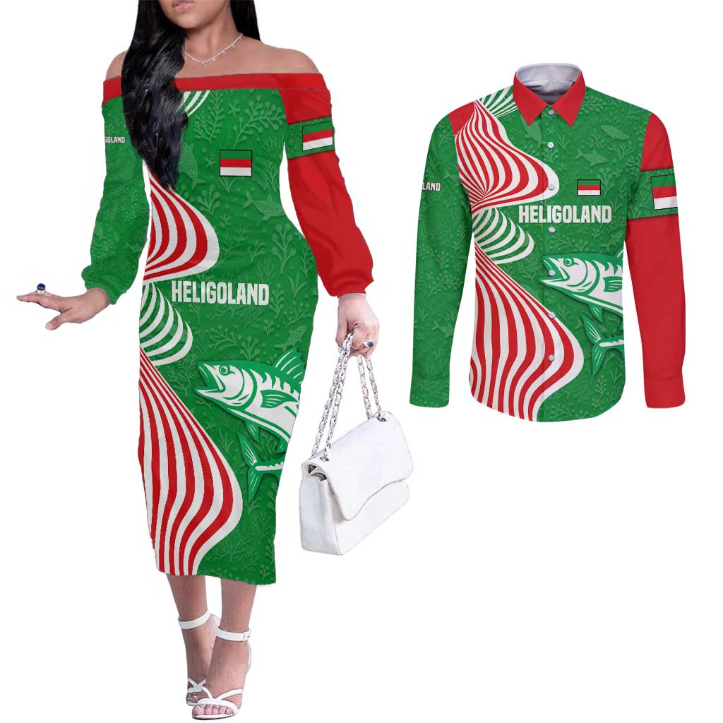 Germany Heligoland Couples Matching Off The Shoulder Long Sleeve Dress and Long Sleeve Button Shirt with Fish Illustration and Red Green Wave - Wonder Print Shop