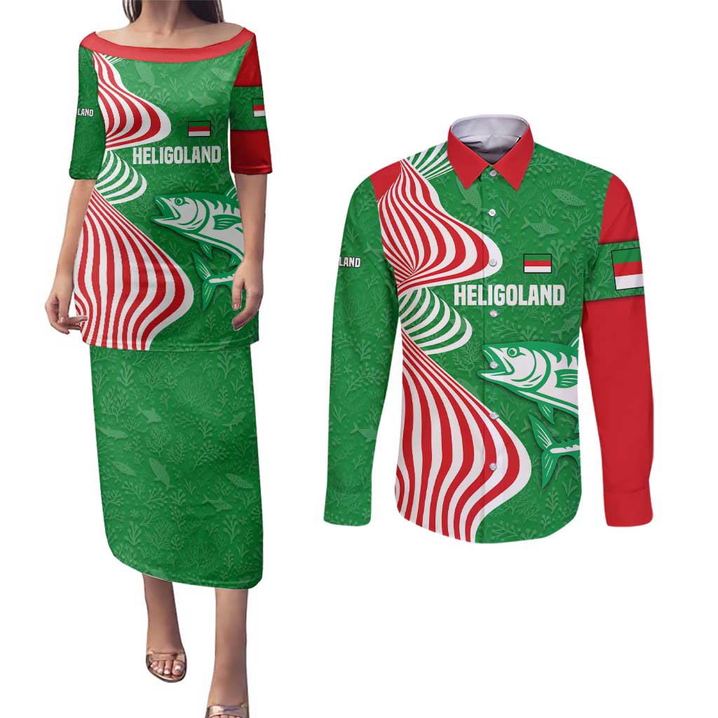 Germany Heligoland Couples Matching Puletasi and Long Sleeve Button Shirt with Fish Illustration and Red Green Wave - Wonder Print Shop