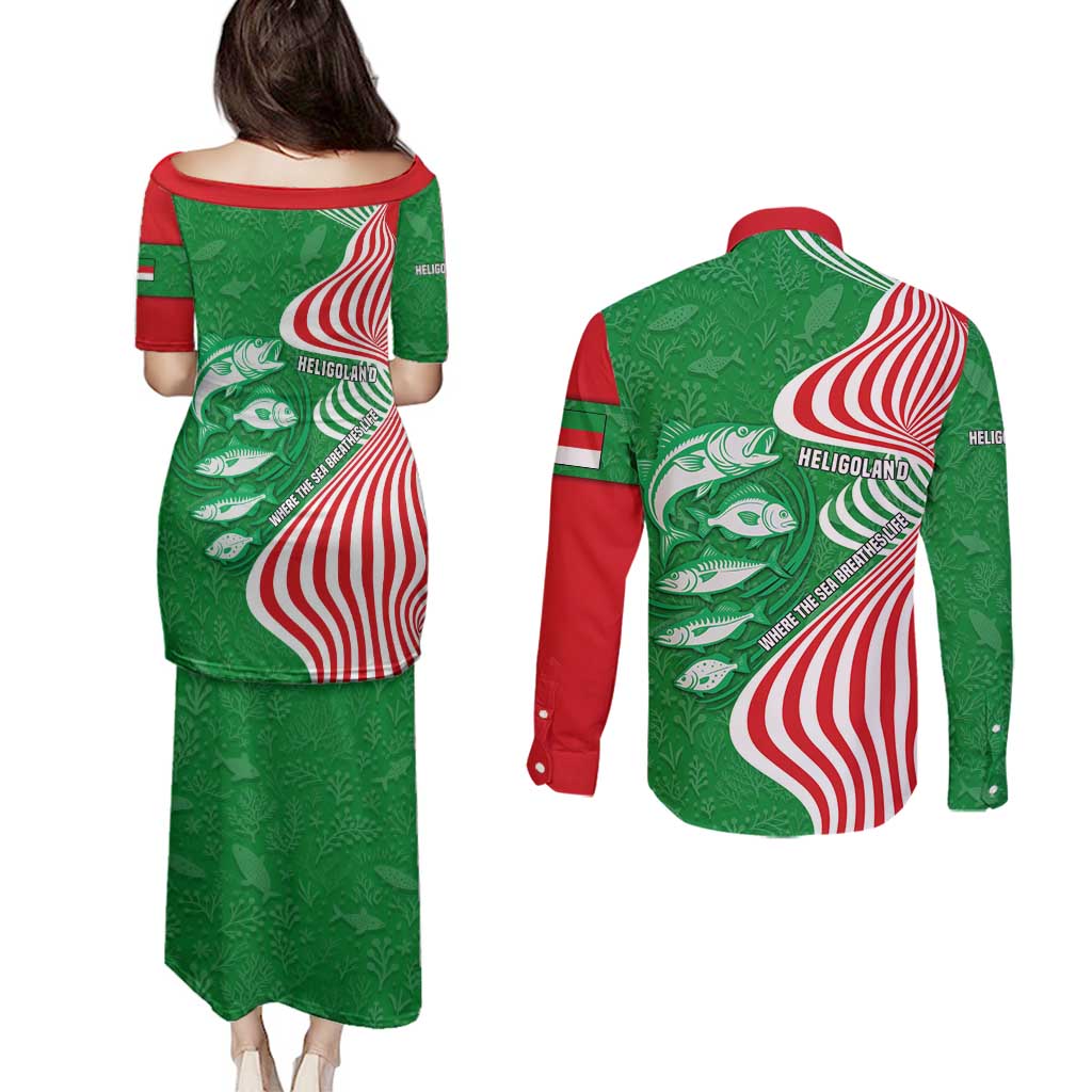 Germany Heligoland Couples Matching Puletasi and Long Sleeve Button Shirt with Fish Illustration and Red Green Wave - Wonder Print Shop