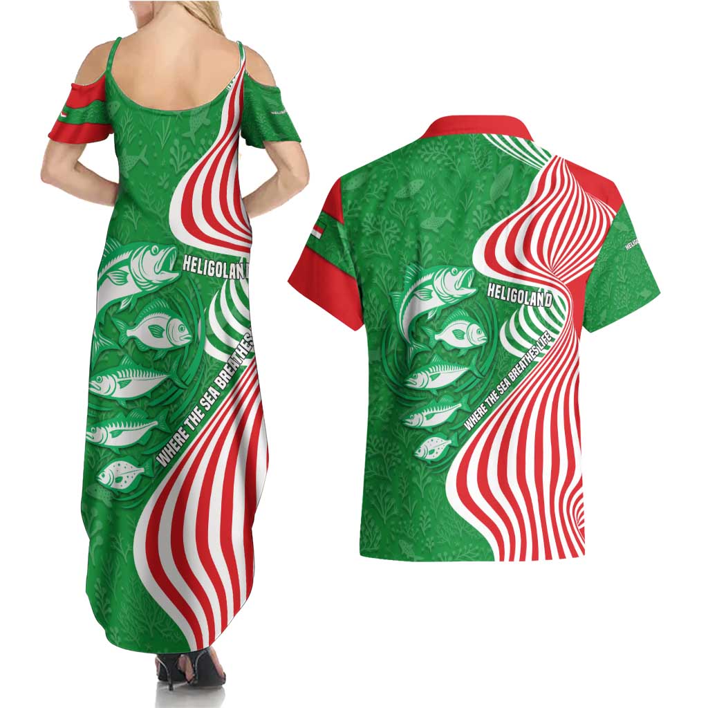 Germany Heligoland Couples Matching Summer Maxi Dress and Hawaiian Shirt with Fish Illustration and Red Green Wave - Wonder Print Shop