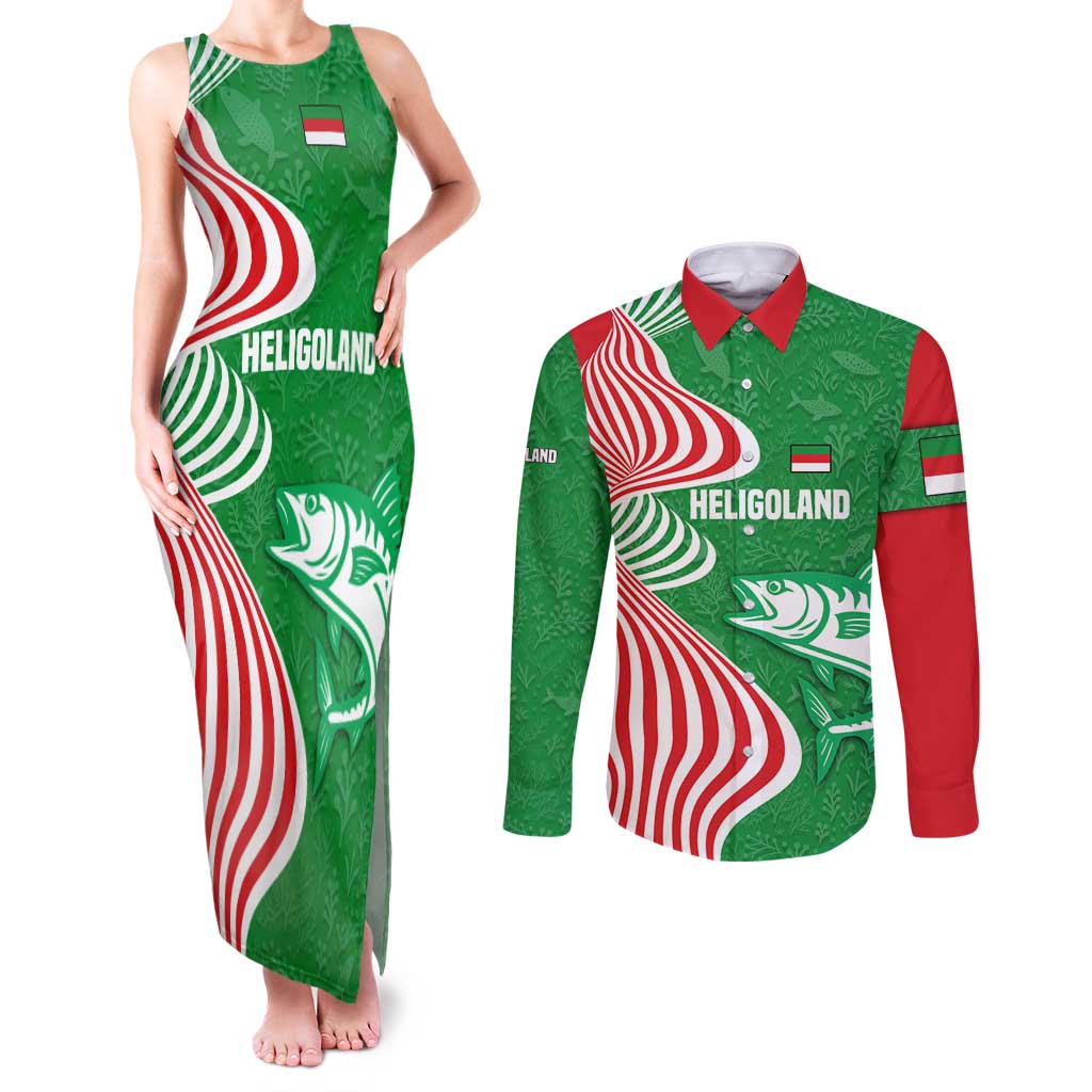 Germany Heligoland Couples Matching Tank Maxi Dress and Long Sleeve Button Shirt with Fish Illustration and Red Green Wave - Wonder Print Shop