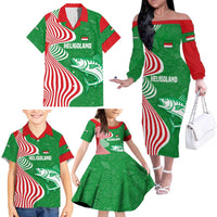 Germany Heligoland Family Matching Off The Shoulder Long Sleeve Dress and Hawaiian Shirt with Fish Illustration and Red Green Wave - Wonder Print Shop
