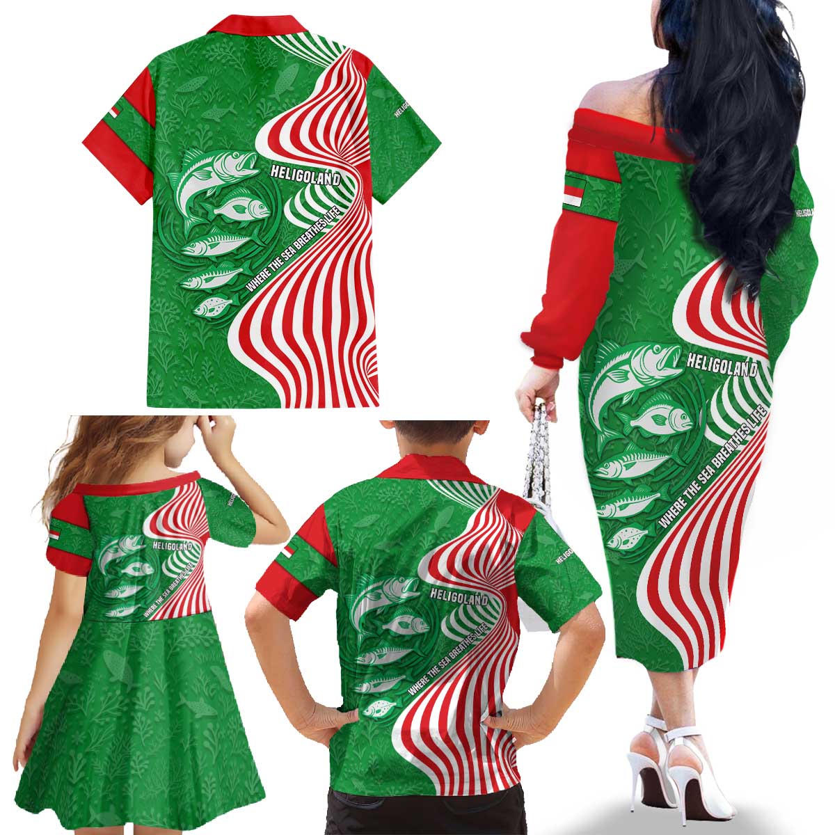 Germany Heligoland Family Matching Off The Shoulder Long Sleeve Dress and Hawaiian Shirt with Fish Illustration and Red Green Wave - Wonder Print Shop