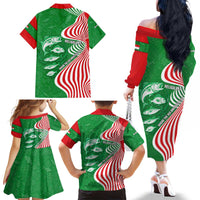 Germany Heligoland Family Matching Off The Shoulder Long Sleeve Dress and Hawaiian Shirt with Fish Illustration and Red Green Wave - Wonder Print Shop