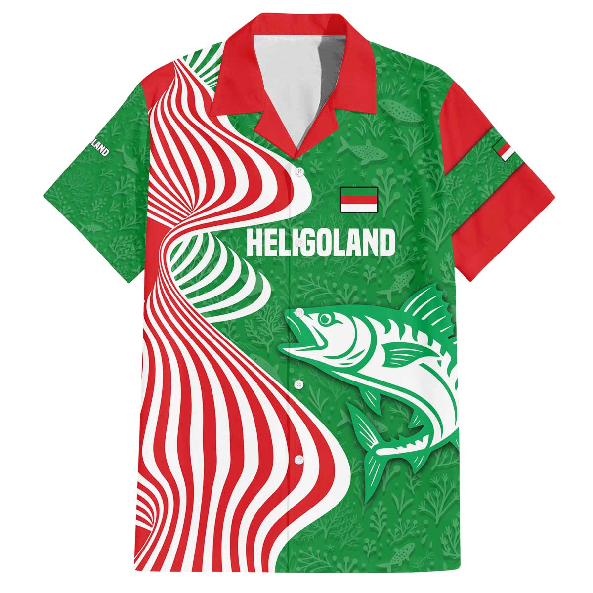 Germany Heligoland Family Matching Off The Shoulder Long Sleeve Dress and Hawaiian Shirt with Fish Illustration and Red Green Wave - Wonder Print Shop