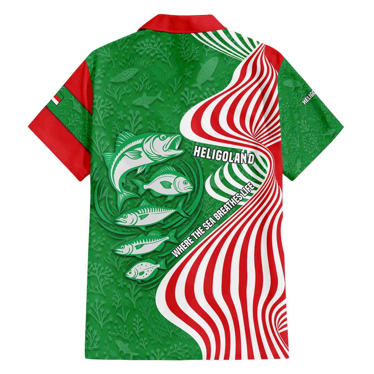 Germany Heligoland Family Matching Off The Shoulder Long Sleeve Dress and Hawaiian Shirt with Fish Illustration and Red Green Wave - Wonder Print Shop