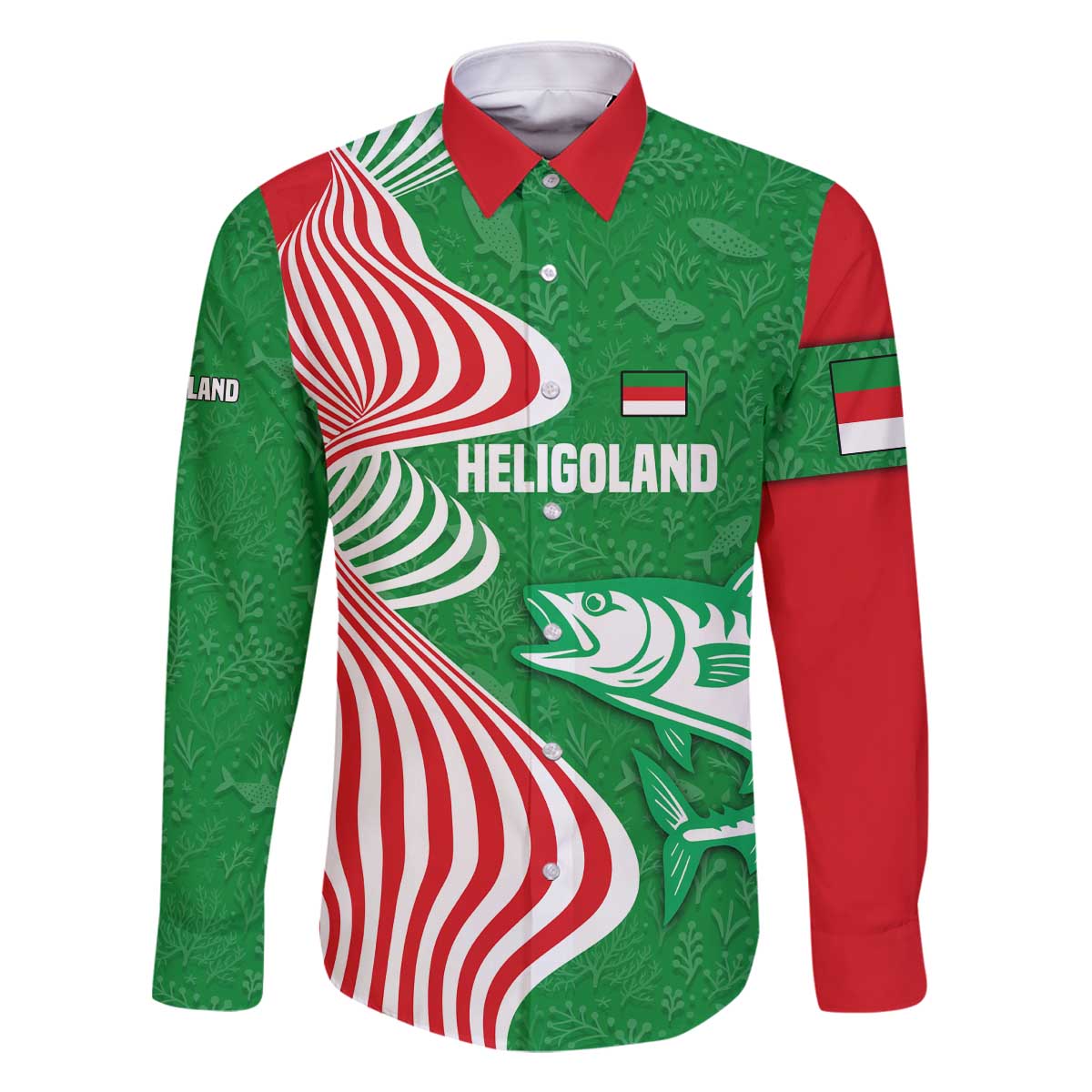 Germany Heligoland Family Matching Off The Shoulder Long Sleeve Dress and Hawaiian Shirt with Fish Illustration and Red Green Wave - Wonder Print Shop