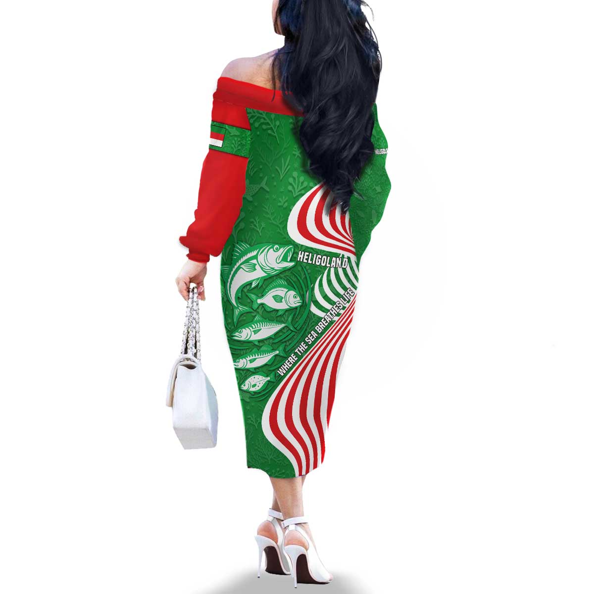 Germany Heligoland Family Matching Off The Shoulder Long Sleeve Dress and Hawaiian Shirt with Fish Illustration and Red Green Wave - Wonder Print Shop