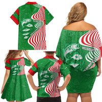 Germany Heligoland Family Matching Off Shoulder Short Dress and Hawaiian Shirt with Fish Illustration and Red Green Wave - Wonder Print Shop