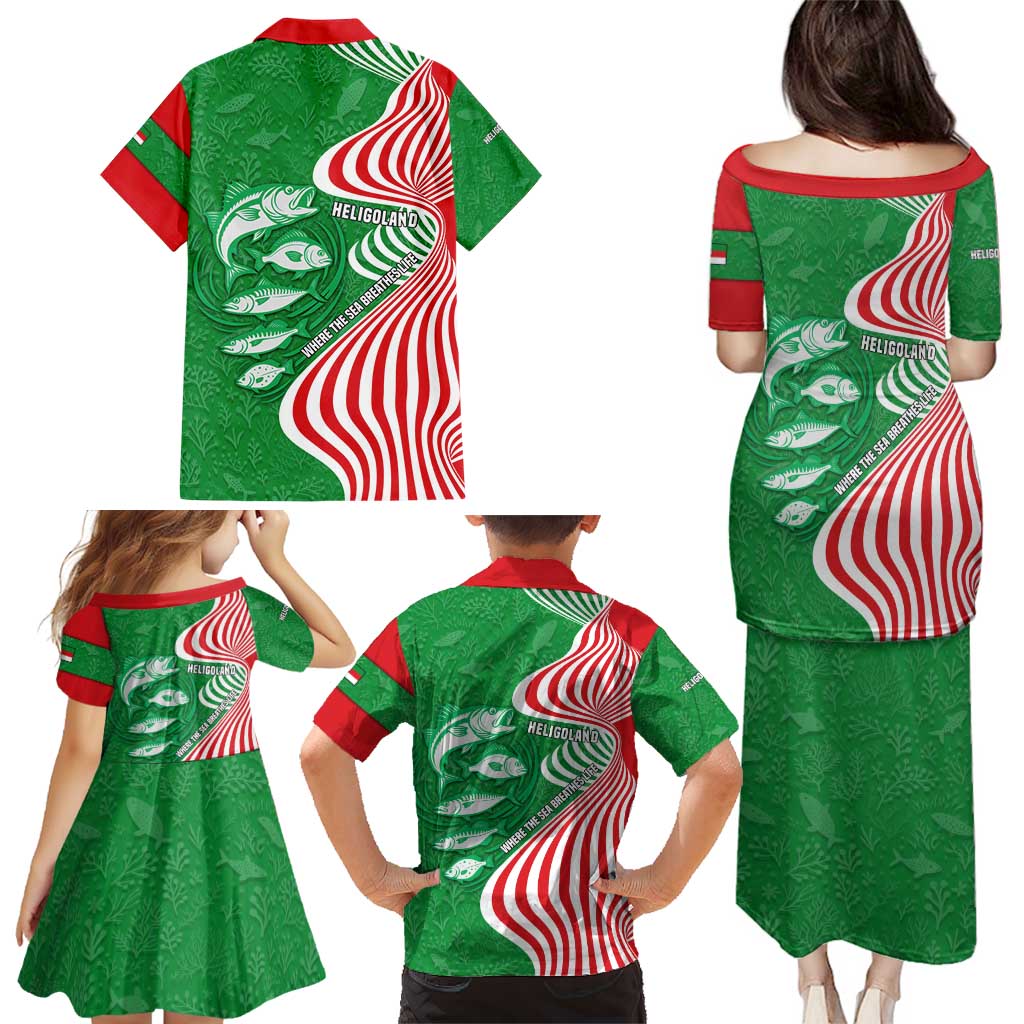 Germany Heligoland Family Matching Puletasi and Hawaiian Shirt with Fish Illustration and Red Green Wave - Wonder Print Shop