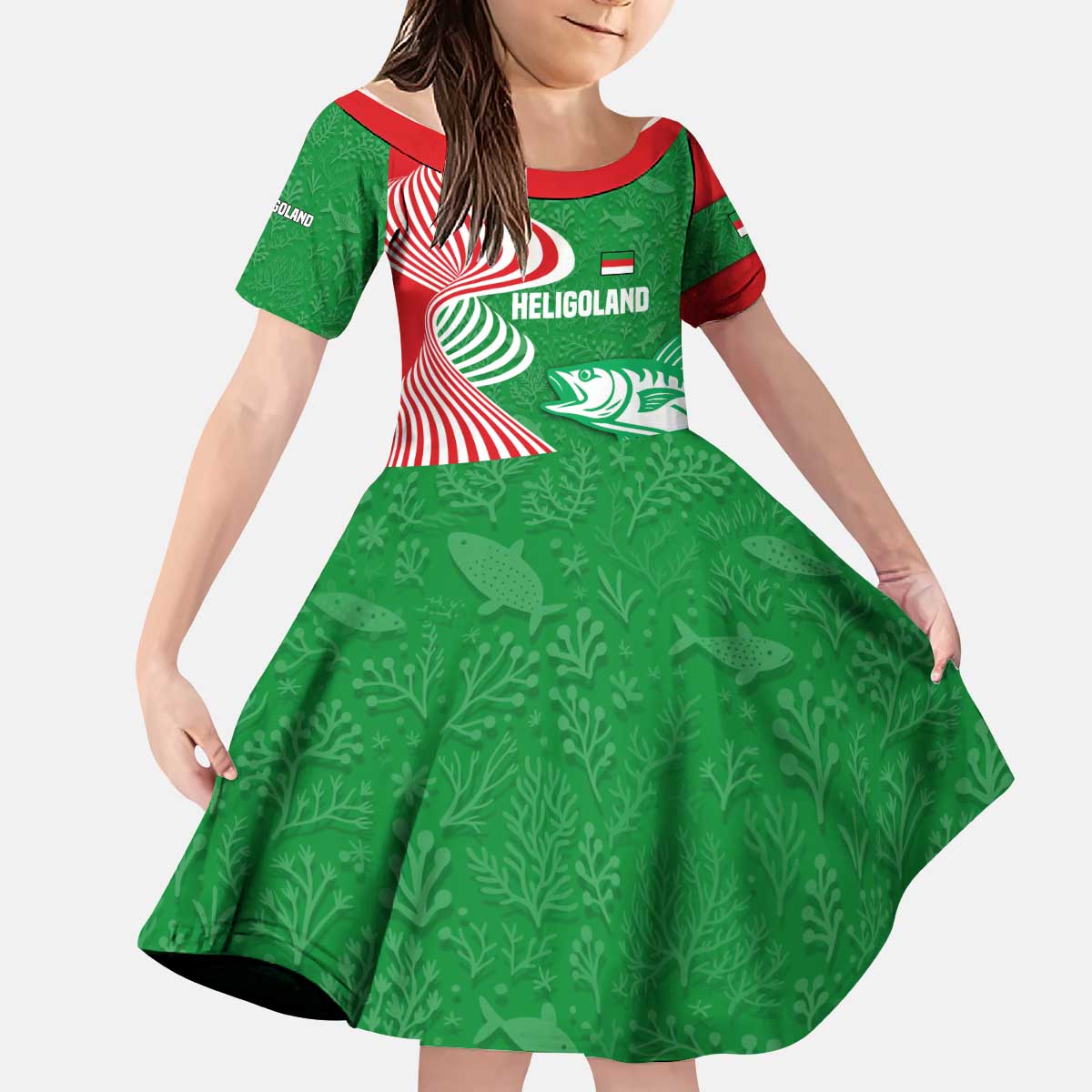 Germany Heligoland Kid Short Sleeve Dress with Fish Illustration and Red Green Wave - Wonder Print Shop