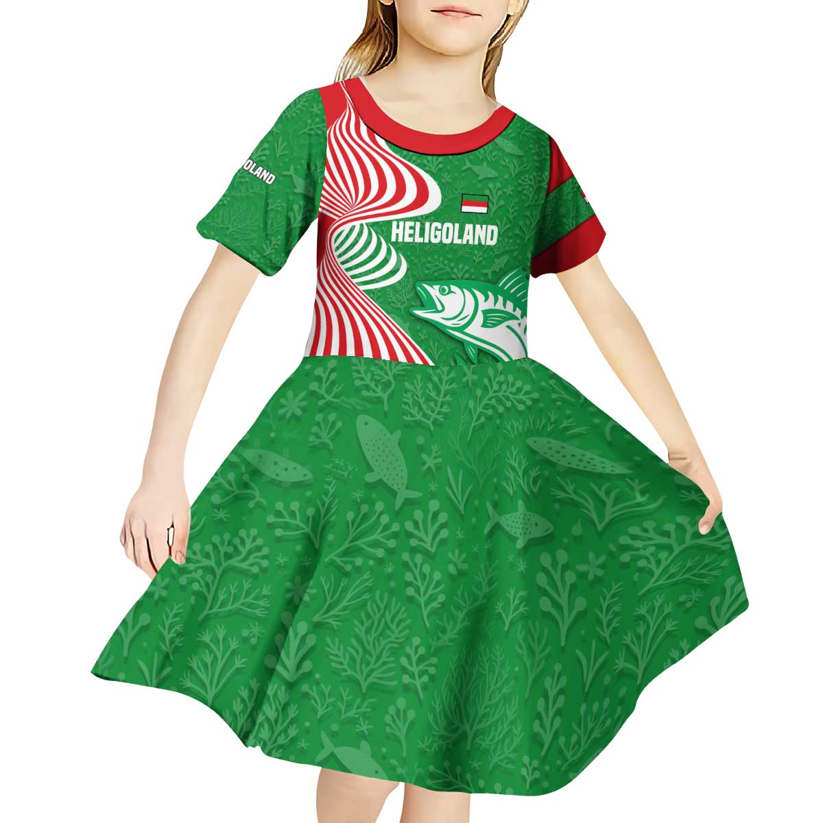 Germany Heligoland Kid Short Sleeve Dress with Fish Illustration and Red Green Wave - Wonder Print Shop