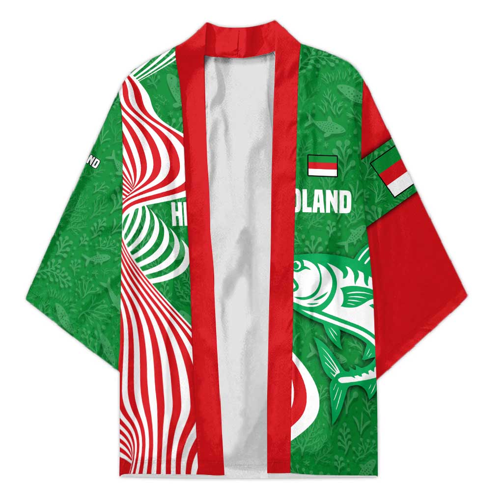 Germany Heligoland Kimono with Fish Illustration and Red Green Wave - Wonder Print Shop