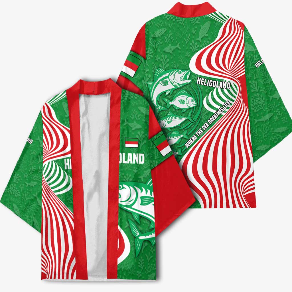 Germany Heligoland Kimono with Fish Illustration and Red Green Wave - Wonder Print Shop