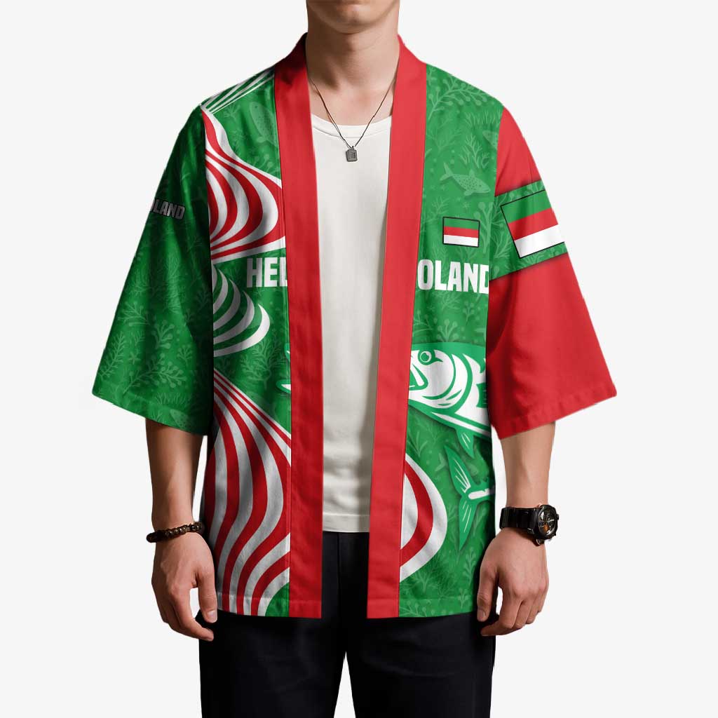 Germany Heligoland Kimono with Fish Illustration and Red Green Wave - Wonder Print Shop