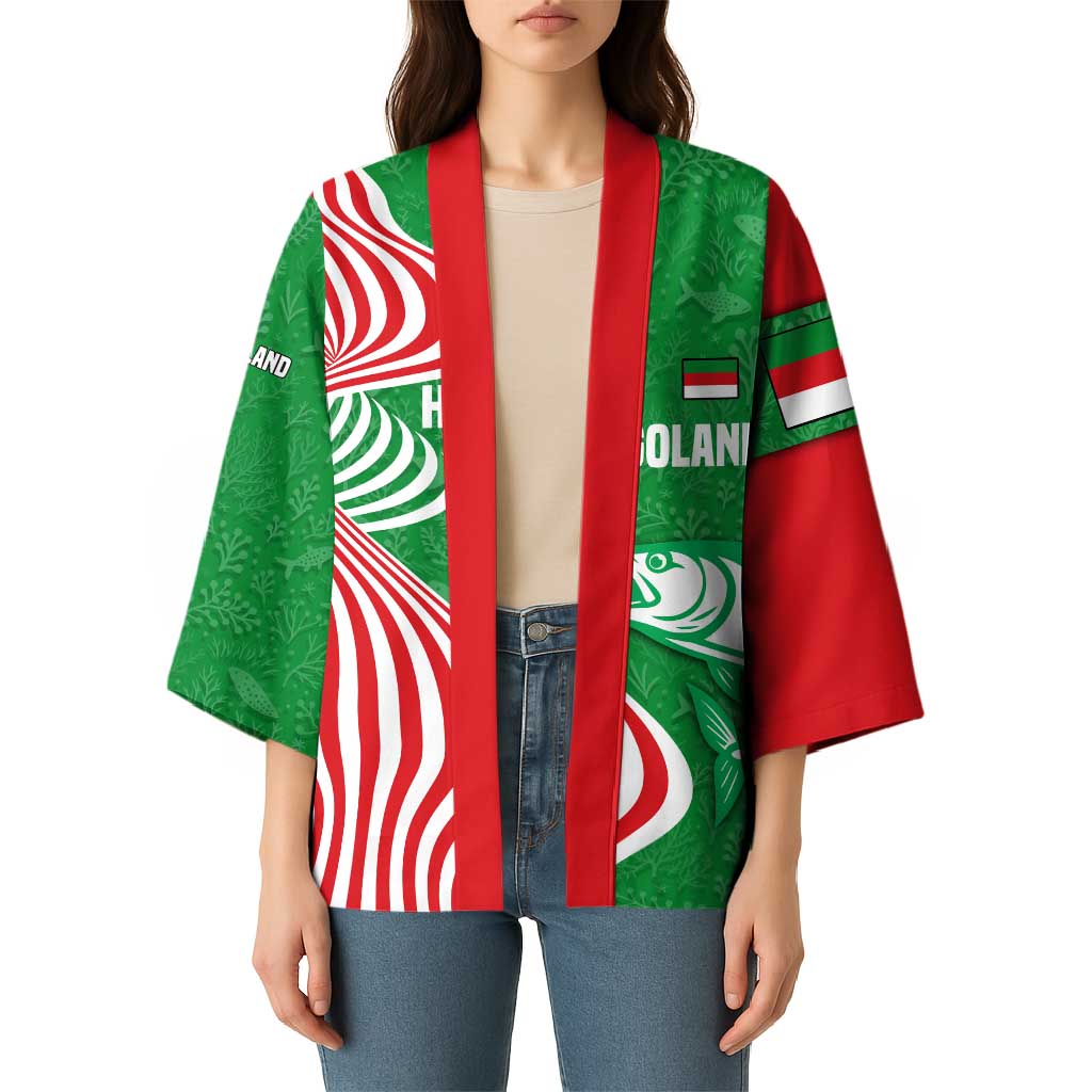 Germany Heligoland Kimono with Fish Illustration and Red Green Wave - Wonder Print Shop