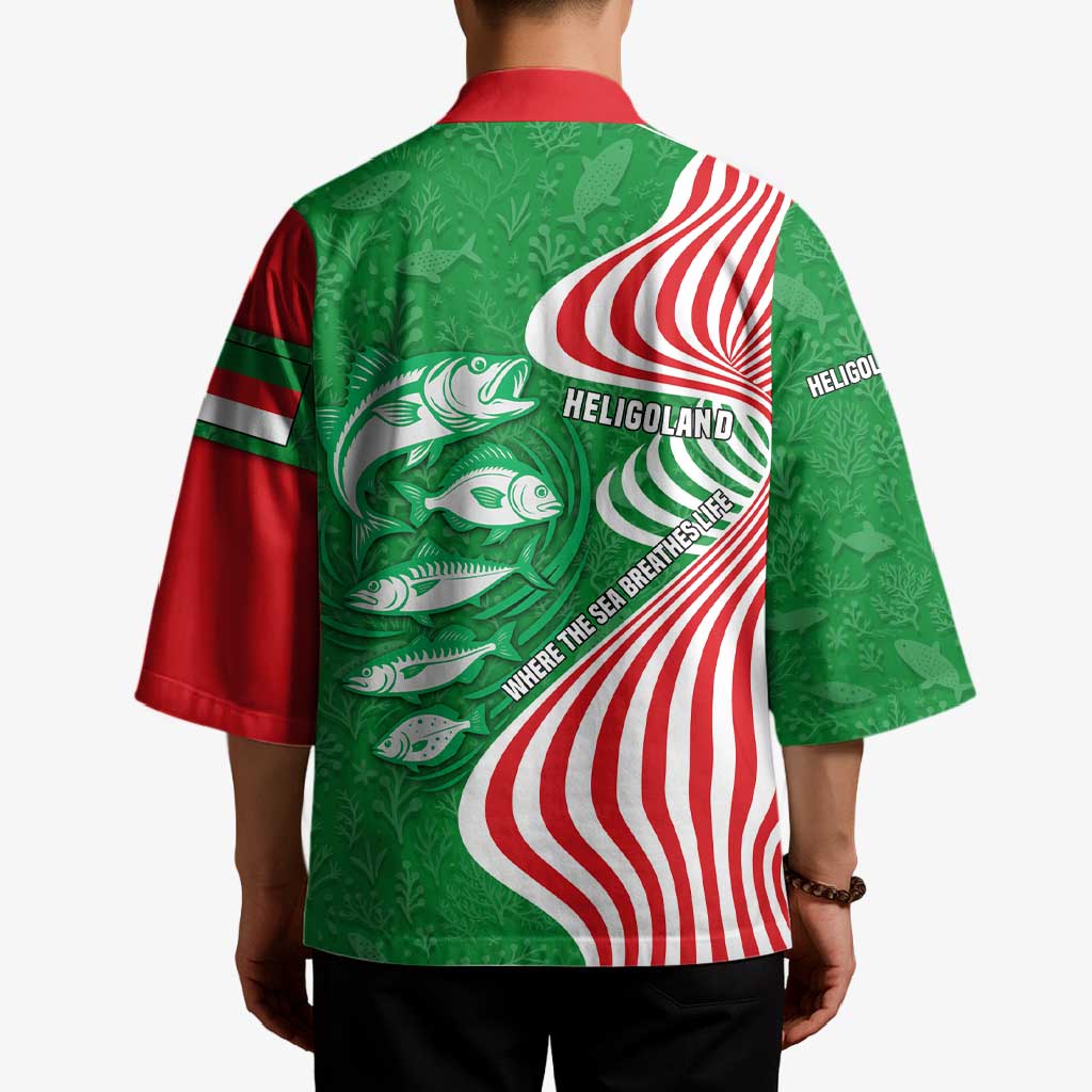 Germany Heligoland Kimono with Fish Illustration and Red Green Wave - Wonder Print Shop