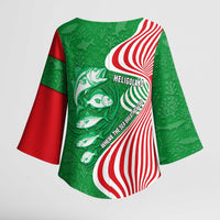 Germany Heligoland Kimono Sleeve Blouse with Fish Illustration and Red Green Wave - Wonder Print Shop