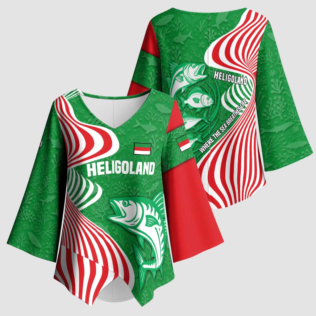 Germany Heligoland Kimono Sleeve Blouse with Fish Illustration and Red Green Wave - Wonder Print Shop