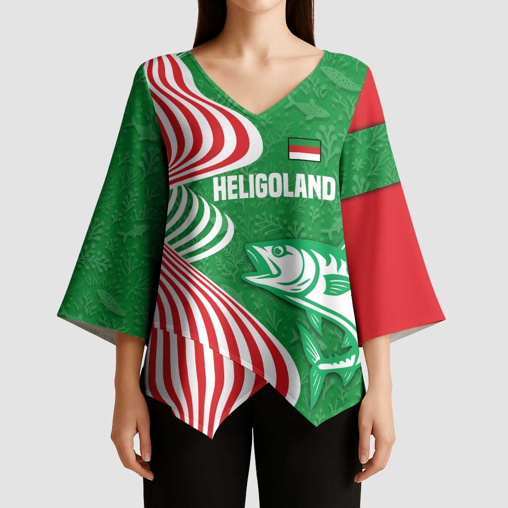 Germany Heligoland Kimono Sleeve Blouse with Fish Illustration and Red Green Wave - Wonder Print Shop