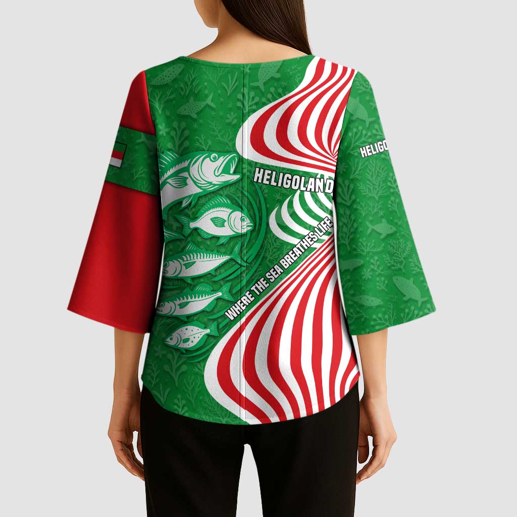 Germany Heligoland Kimono Sleeve Blouse with Fish Illustration and Red Green Wave - Wonder Print Shop