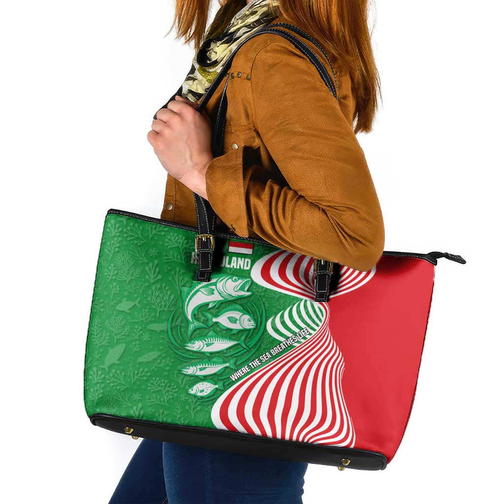 Germany Heligoland Leather Tote Bag with Fish Illustration and Red Green Wave - Wonder Print Shop