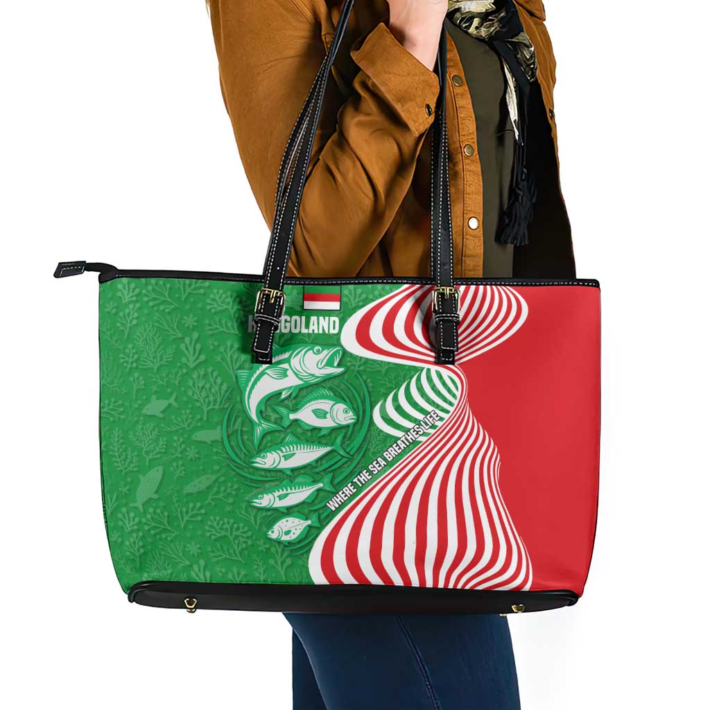 Germany Heligoland Leather Tote Bag with Fish Illustration and Red Green Wave - Wonder Print Shop